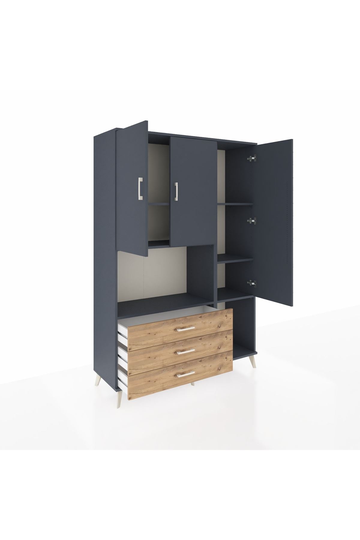 Hyperion Dolap 6 Raflı 3 Çekmeceli 3 Kapaklı 132x44x195 Antrasit-Antrasit/Çam