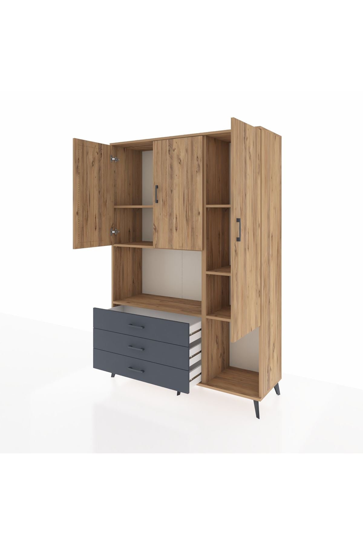 Hyperion Dolap 6 Raflı 3 Çekmeceli 3 Kapaklı 132x44x195 Çam-Çam/Antrasit