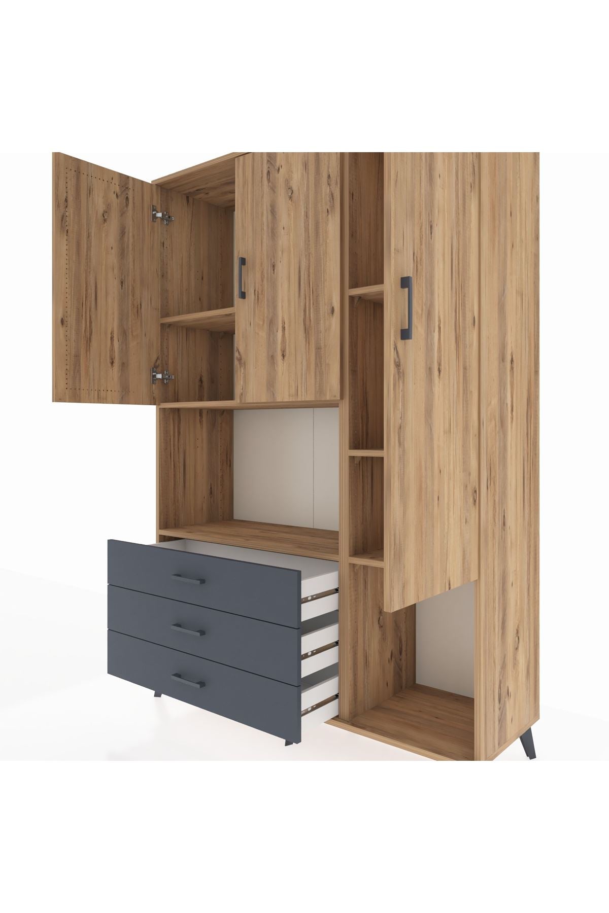 Hyperion Dolap 6 Raflı 3 Çekmeceli 3 Kapaklı 132x44x195 Çam-Çam/Antrasit