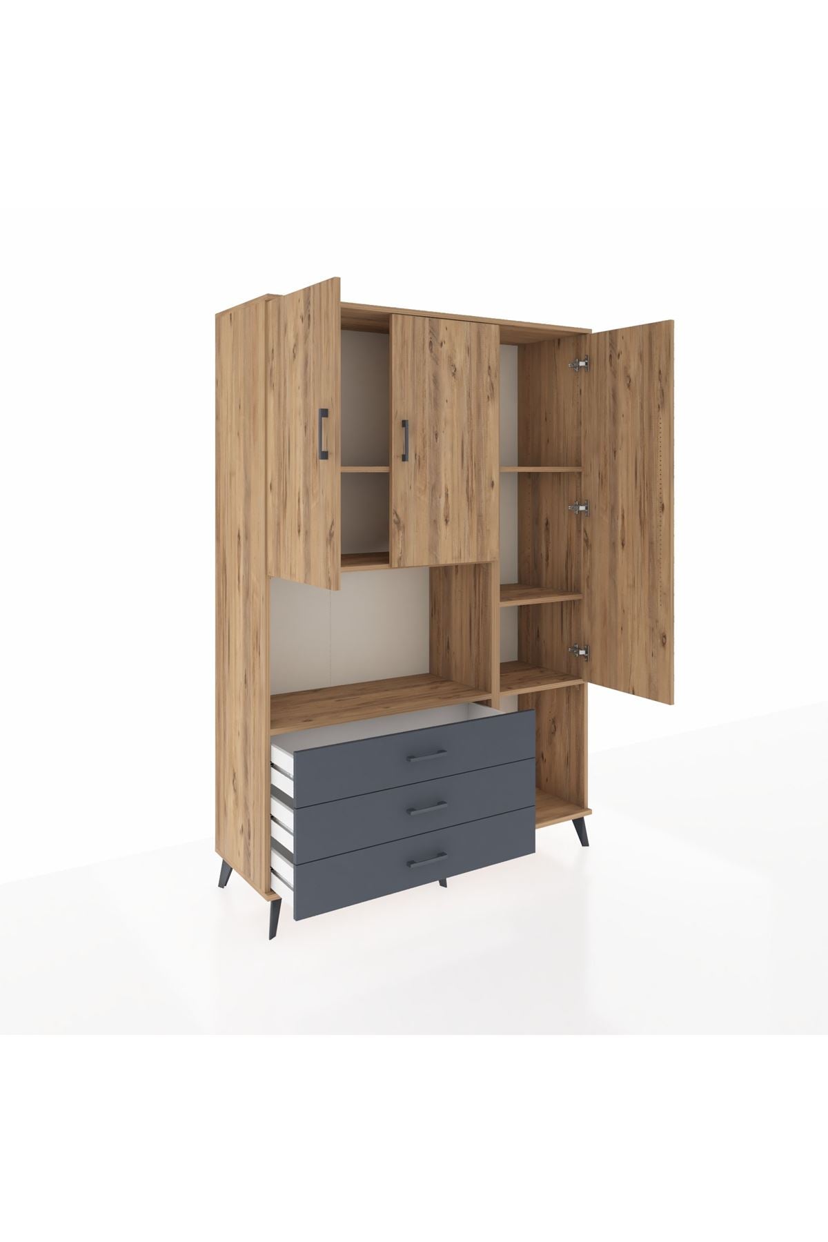 Hyperion Dolap 6 Raflı 3 Çekmeceli 3 Kapaklı 132x44x195 Çam-Çam/Antrasit