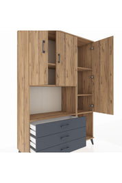 Hyperion Dolap 6 Raflı 3 Çekmeceli 3 Kapaklı 132x44x195 Çam-Çam/Antrasit