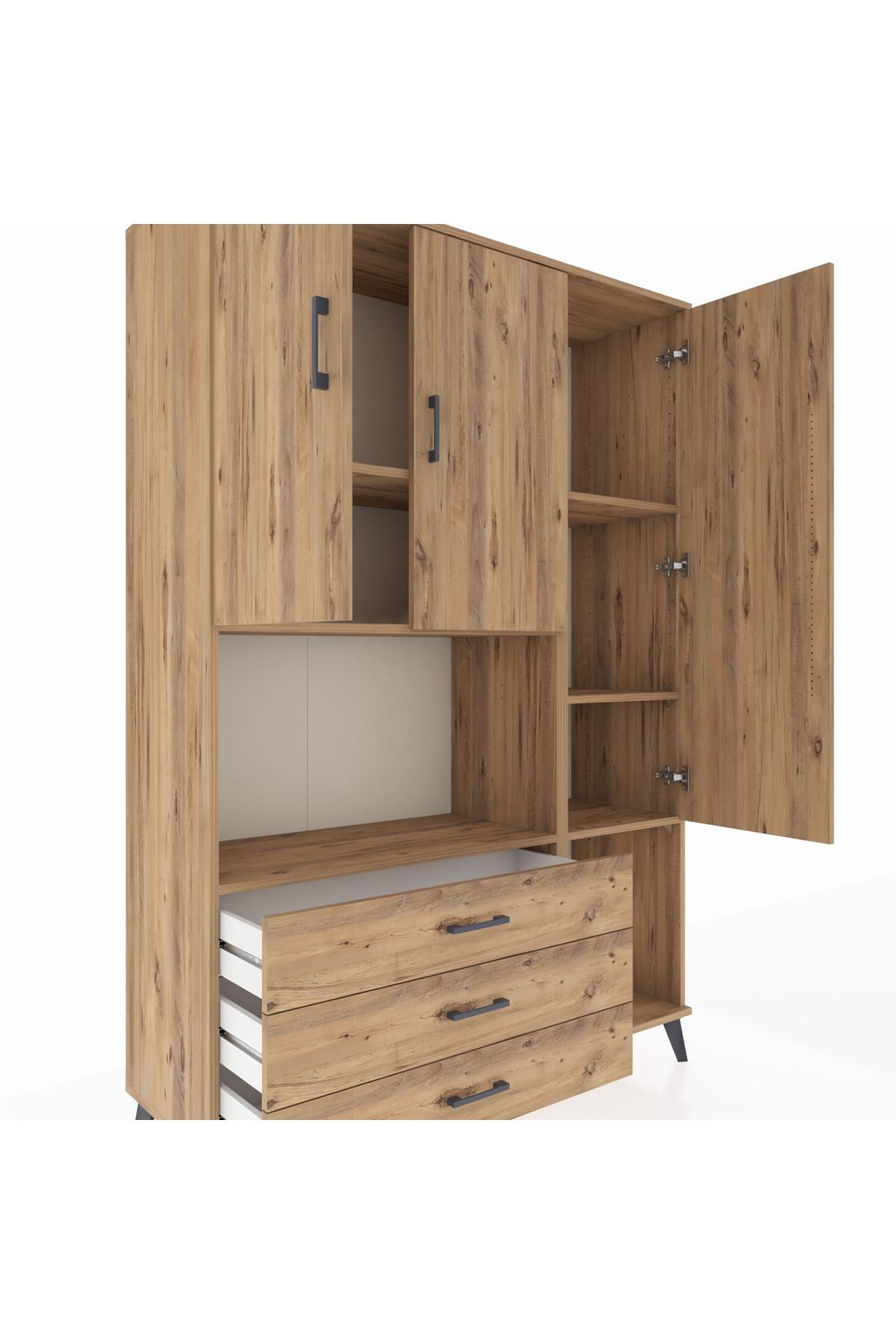 Hyperion Dolap 6 Raflı 3 Çekmeceli 3 Kapaklı 132x44x195 Çam-Çam/Çam