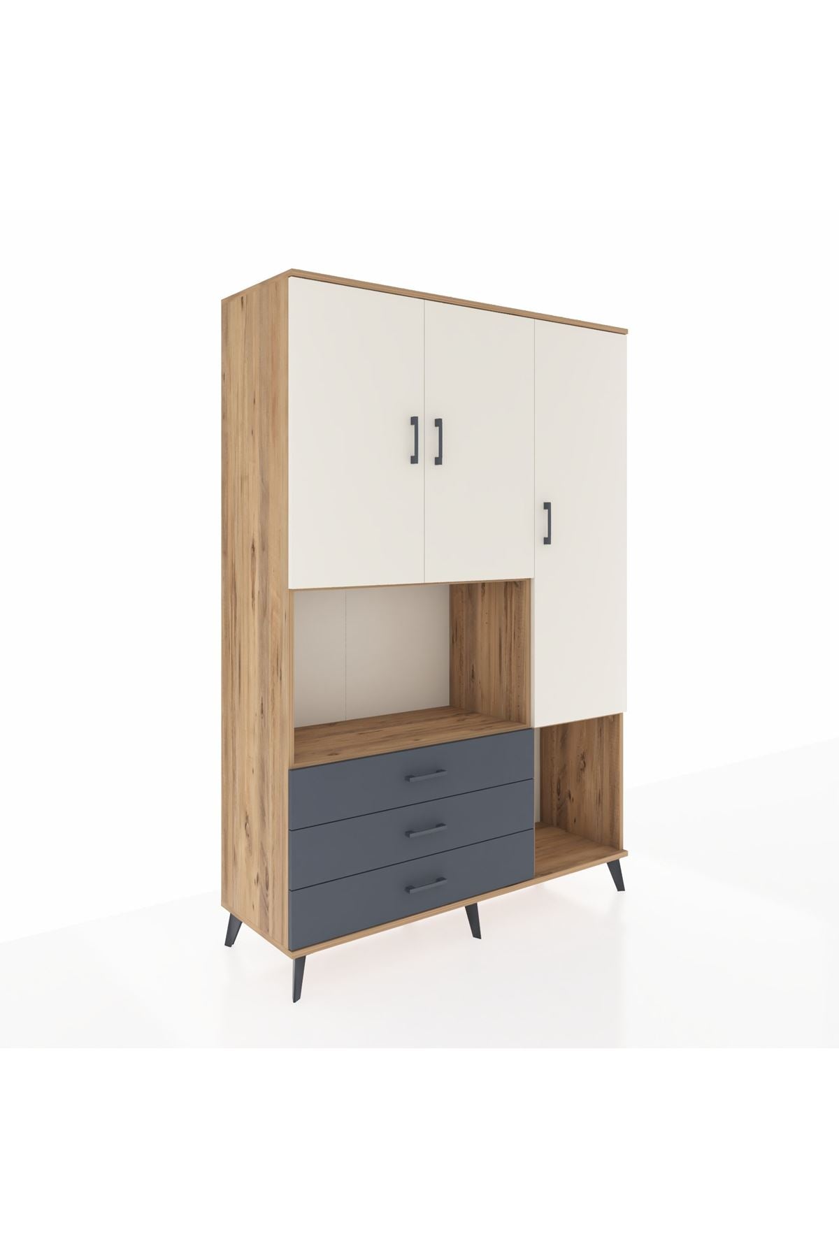 Hyperion Dolap 6 Raflı 3 Çekmeceli 3 Kapaklı 132x44x195 Çam-Aytaşı/Antrasit