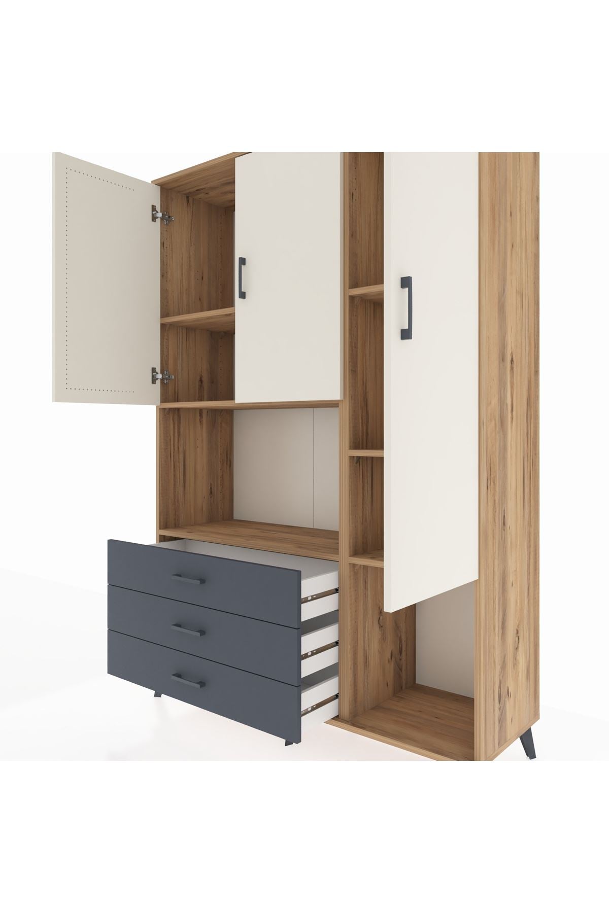 Hyperion Dolap 6 Raflı 3 Çekmeceli 3 Kapaklı 132x44x195 Çam-Aytaşı/Antrasit