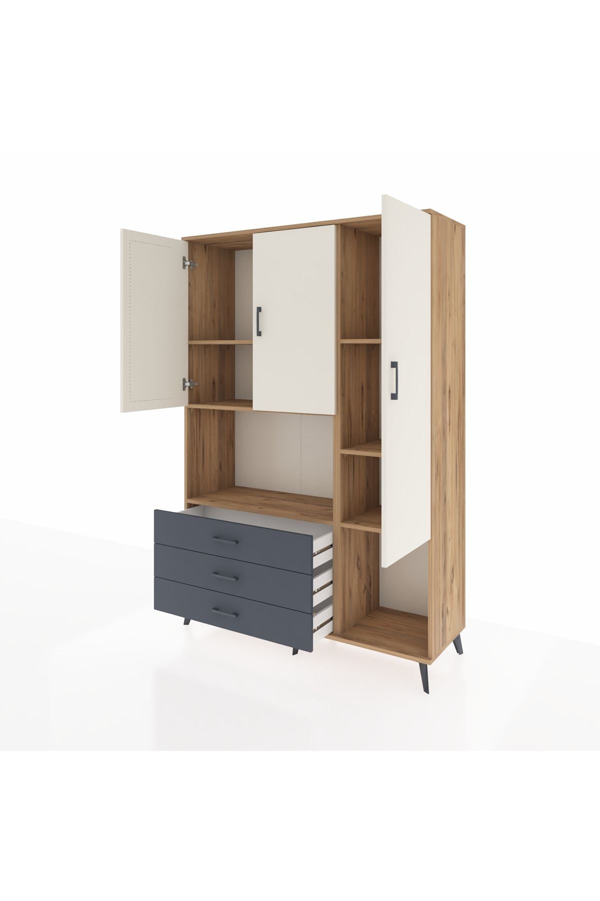 Hyperion Dolap 6 Raflı 3 Çekmeceli 3 Kapaklı 132x44x195 Çam-Aytaşı/Antrasit