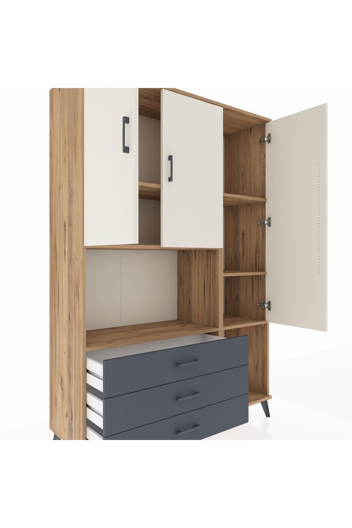 Hyperion Dolap 6 Raflı 3 Çekmeceli 3 Kapaklı 132x44x195 Çam-Aytaşı/Antrasit