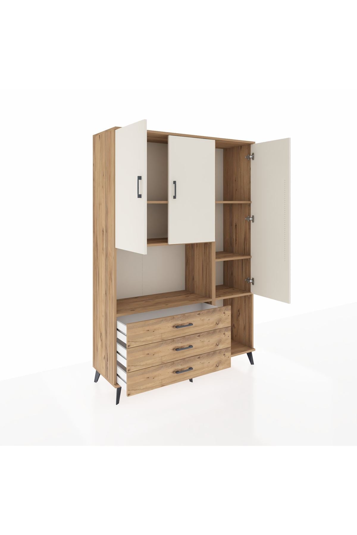 Hyperion Dolap 6 Raflı 3 Çekmeceli 3 Kapaklı 132x44x195 Çam-Aytaşı/Çam