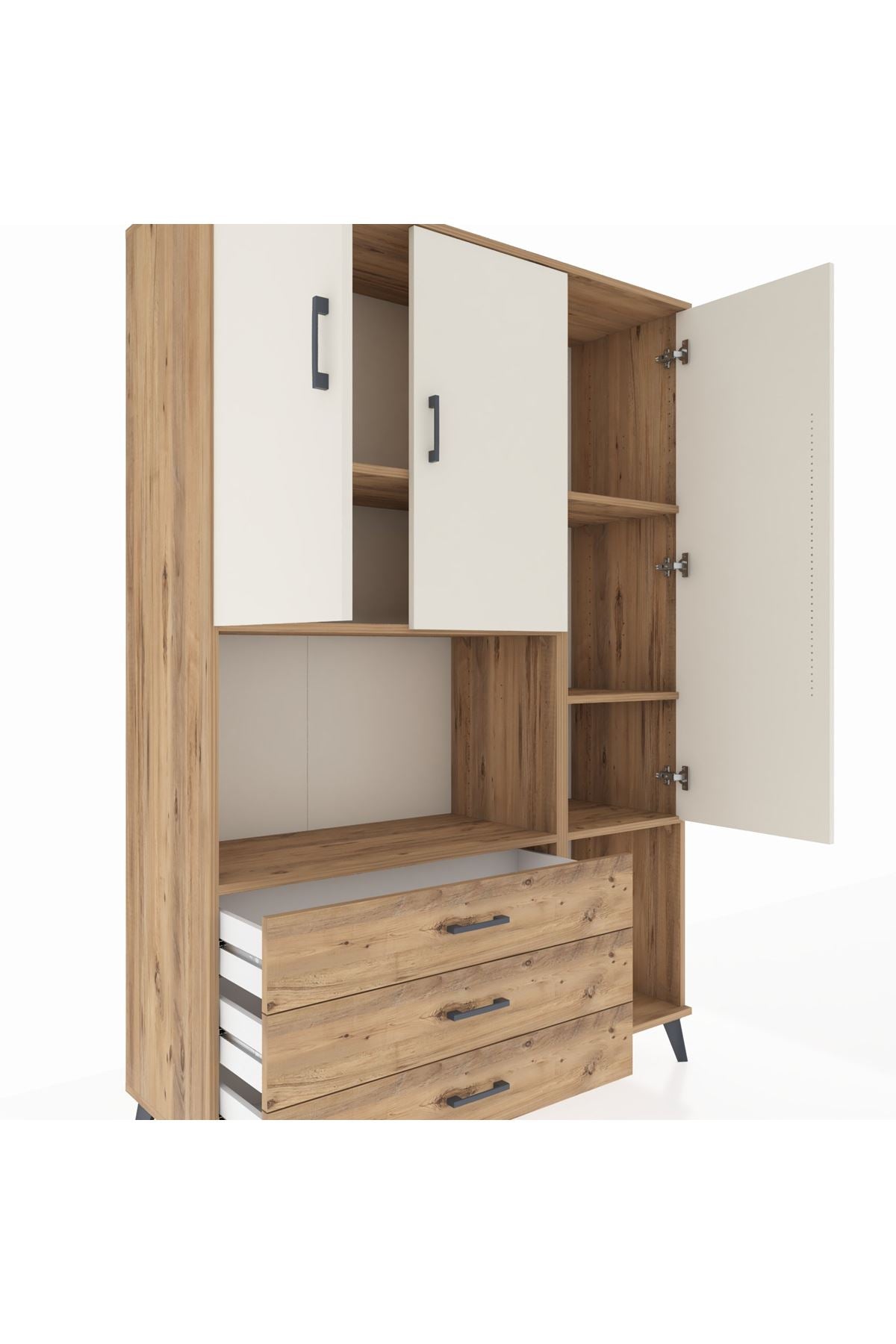 Hyperion Dolap 6 Raflı 3 Çekmeceli 3 Kapaklı 132x44x195 Çam-Aytaşı/Çam