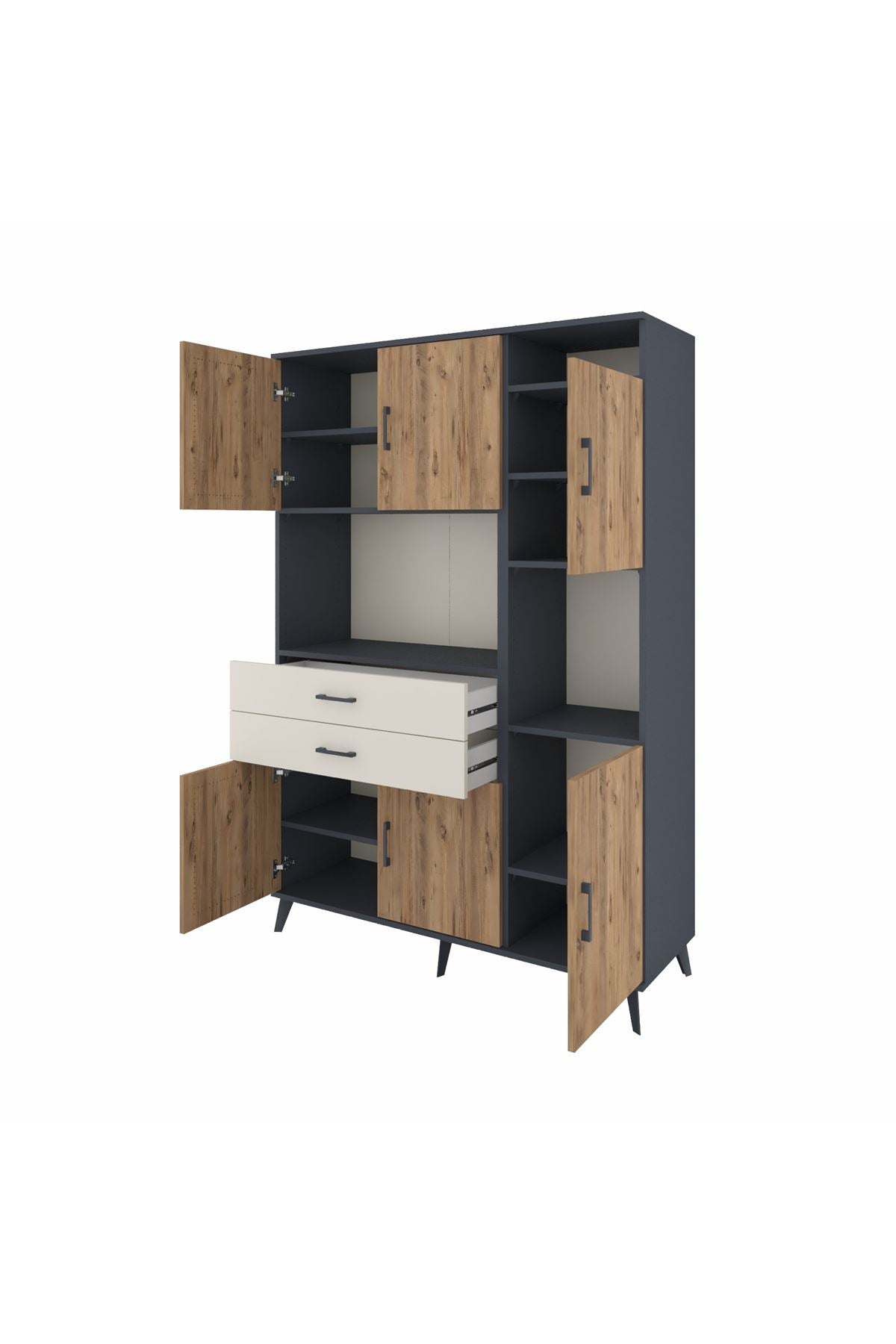 Hyperion Dolap 9 Raflı 2 Çekmeceli 6 Kapaklı 132x44x195 Antrasit-Çam/Aytaşı