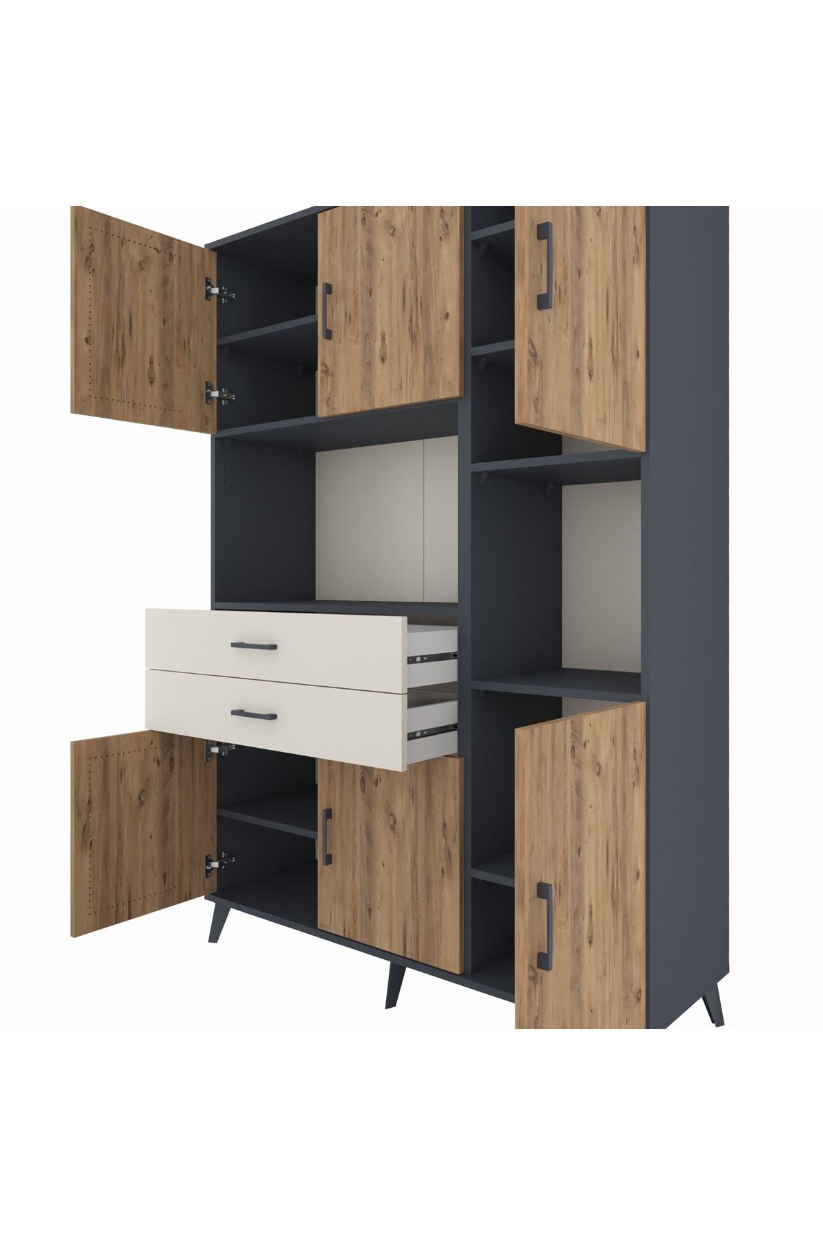 Hyperion Dolap 9 Raflı 2 Çekmeceli 6 Kapaklı 132x44x195 Antrasit-Çam/Aytaşı