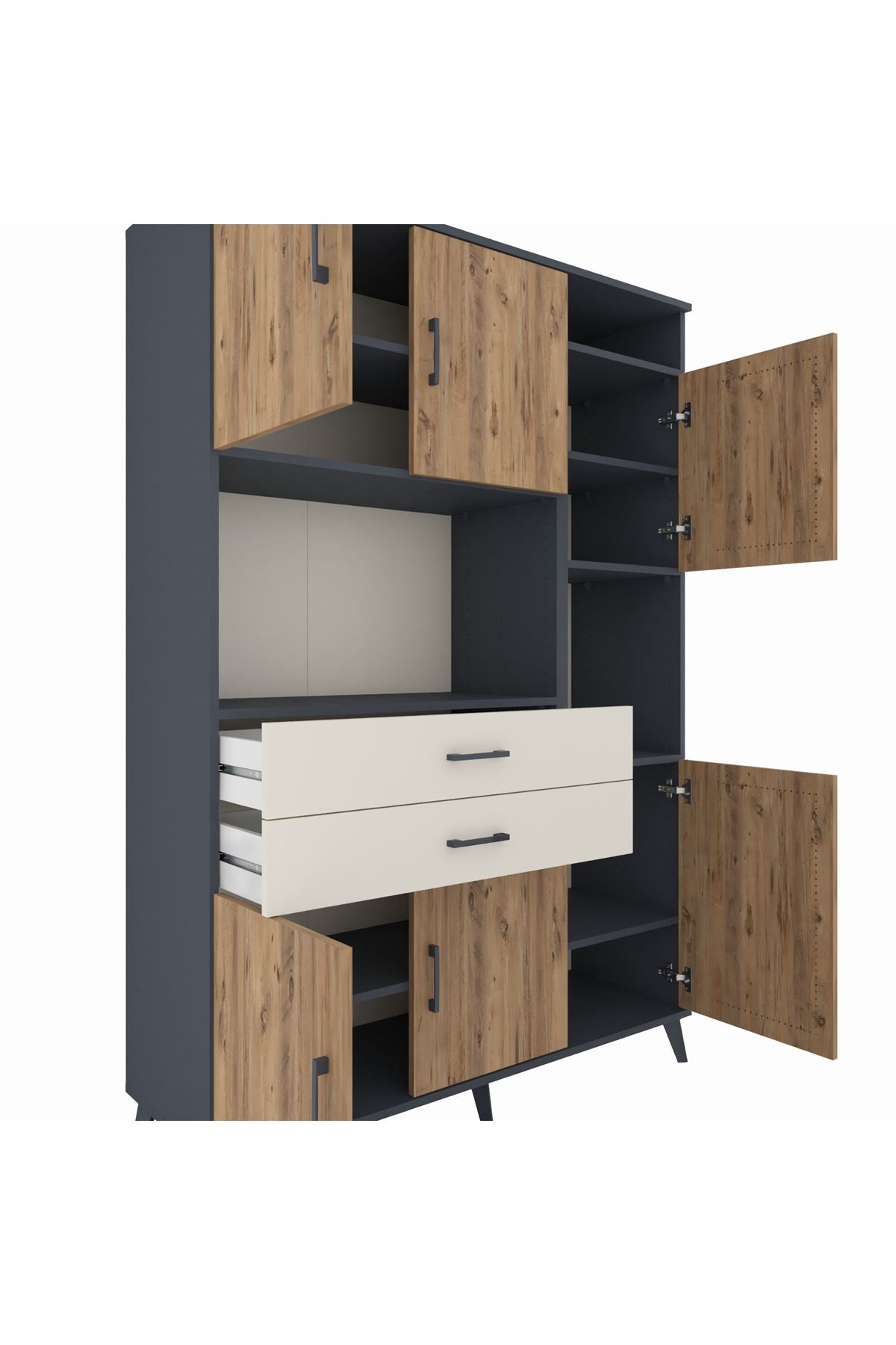 Hyperion Dolap 9 Raflı 2 Çekmeceli 6 Kapaklı 132x44x195 Antrasit-Çam/Aytaşı