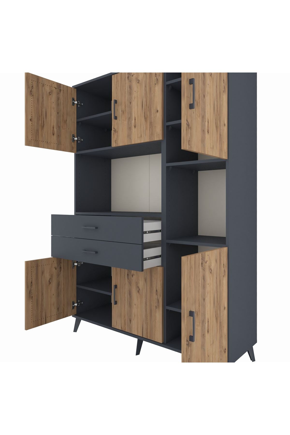 Hyperion Dolap 9 Raflı 2 Çekmeceli 6 Kapaklı 132x44x195 Antrasit-Çam/Antrasit