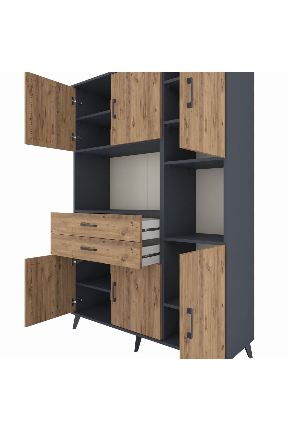 Hyperion Dolap 9 Raflı 2 Çekmeceli 6 Kapaklı 132x44x195 Antrasit-Çam/Çam