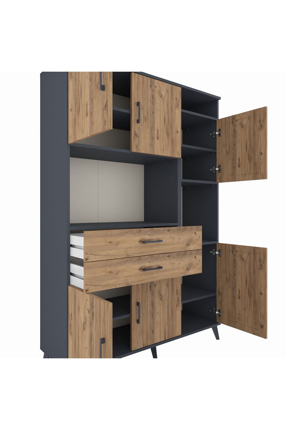 Hyperion Dolap 9 Raflı 2 Çekmeceli 6 Kapaklı 132x44x195 Antrasit-Çam/Çam