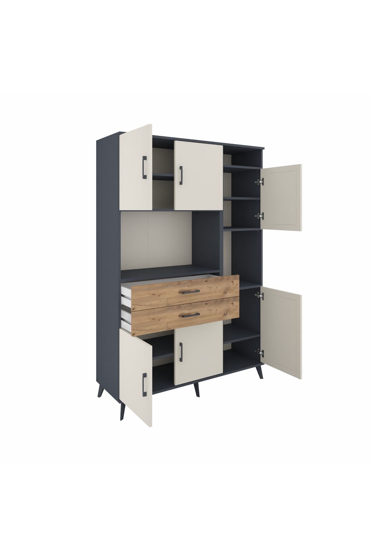 Hyperion Dolap 9 Raflı 2 Çekmeceli 6 Kapaklı 132x44x195 Antrasit-Aytaşı/Çam