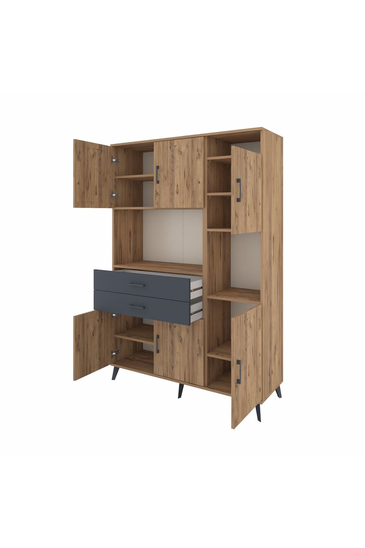 Hyperion Dolap 9 Raflı 2 Çekmeceli 6 Kapaklı 132x44x195 Çam-Çam/Antrasit