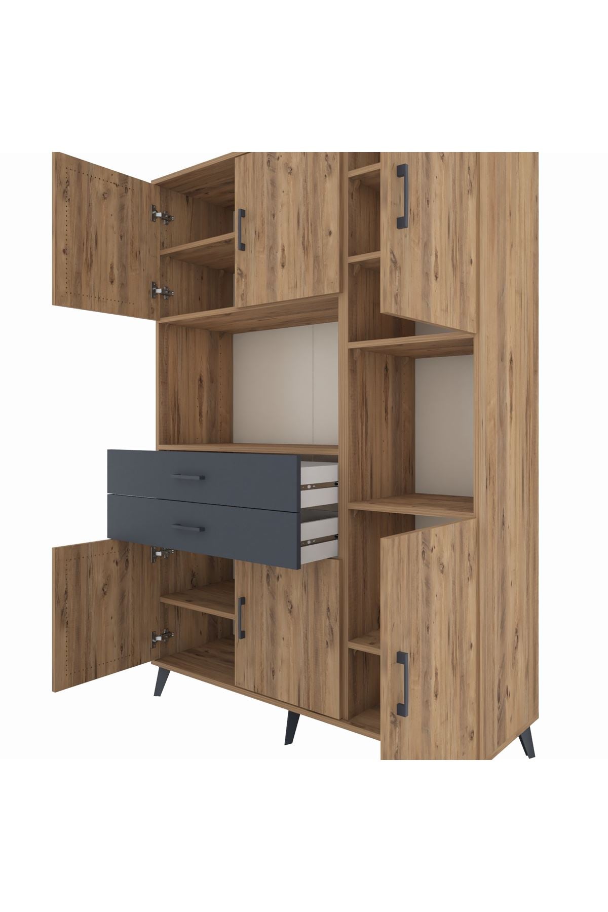 Hyperion Dolap 9 Raflı 2 Çekmeceli 6 Kapaklı 132x44x195 Çam-Çam/Antrasit