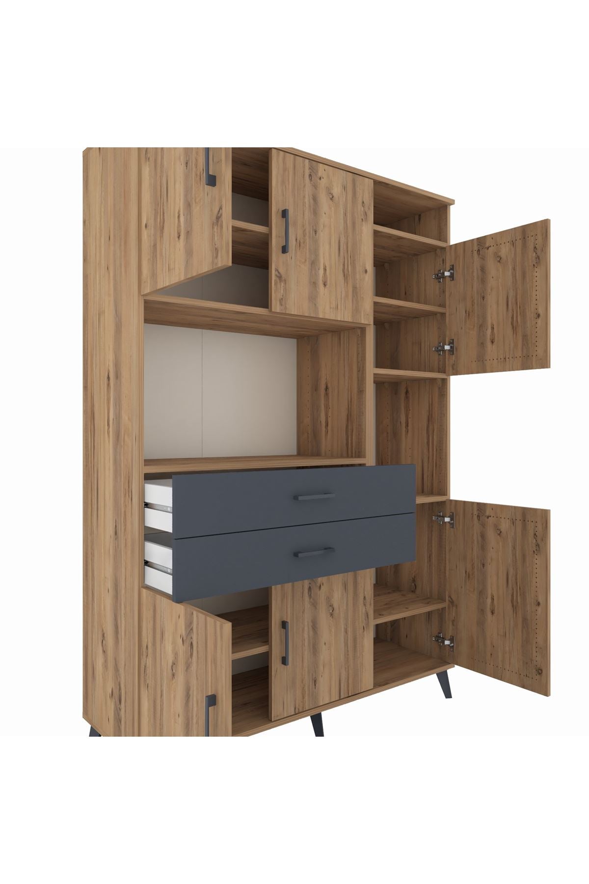 Hyperion Dolap 9 Raflı 2 Çekmeceli 6 Kapaklı 132x44x195 Çam-Çam/Antrasit