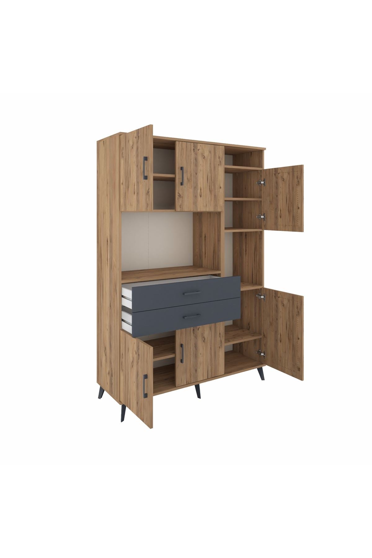 Hyperion Dolap 9 Raflı 2 Çekmeceli 6 Kapaklı 132x44x195 Çam-Çam/Antrasit