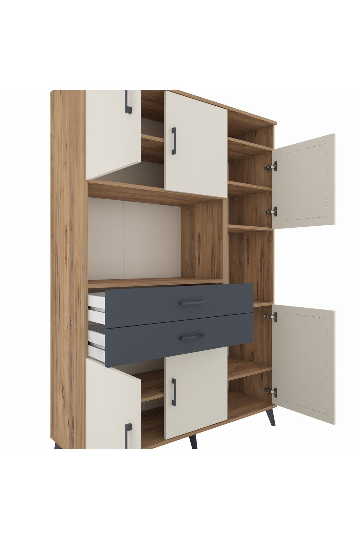 Hyperion Dolap 9 Raflı 2 Çekmeceli 6 Kapaklı 132x44x195 Çam-Aytaşı/Antrasit