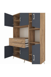 Hyperion Dolap 9 Raflı 2 Çekmeceli 6 Kapaklı 132x44x195 Çam-Antrasit/Çam