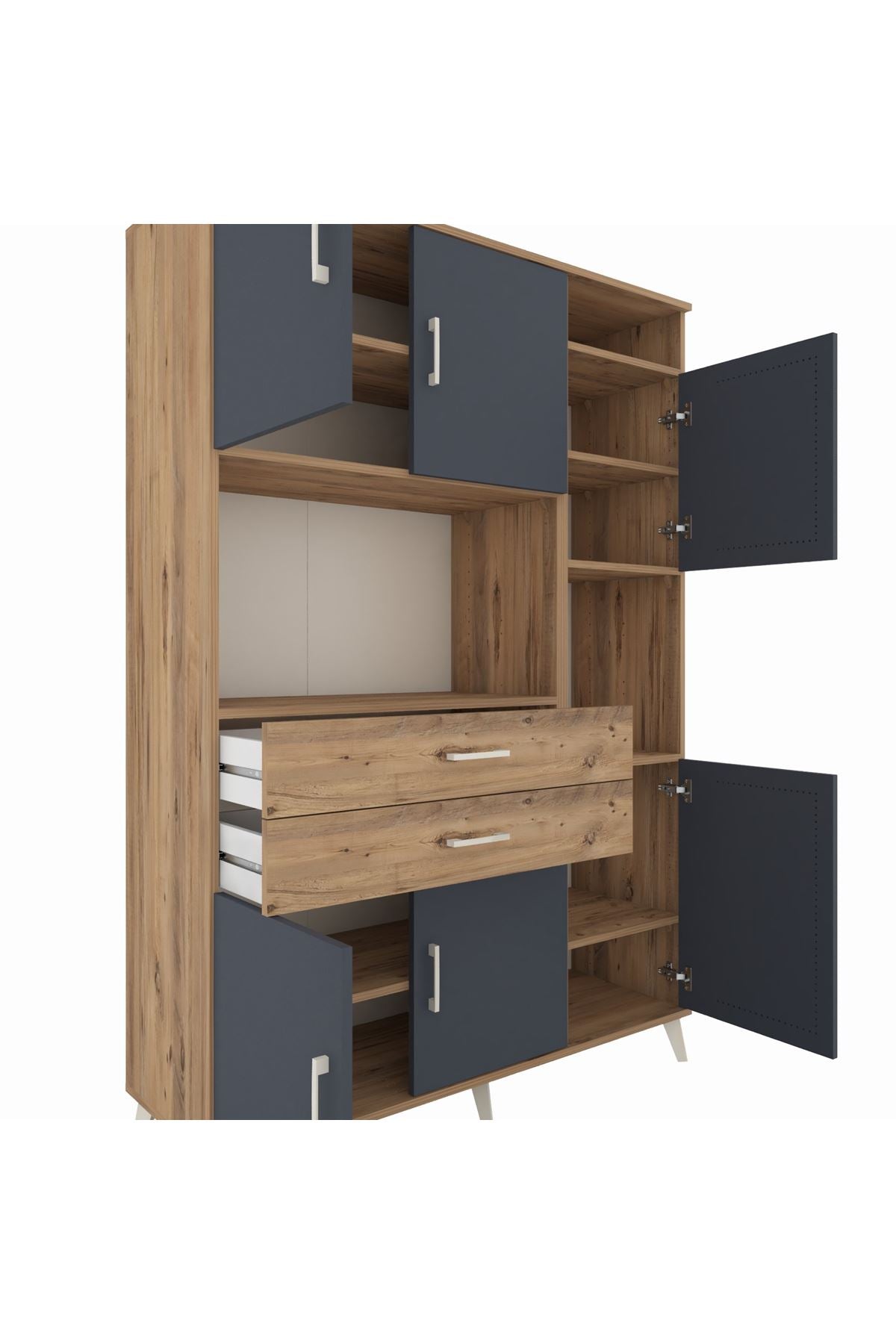 Hyperion Dolap 9 Raflı 2 Çekmeceli 6 Kapaklı 132x44x195 Çam-Antrasit/Çam