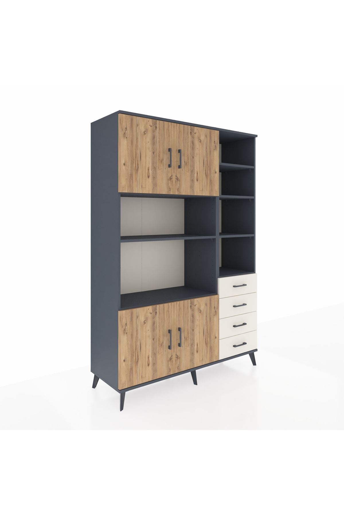 Hyperion Dolap 9 Raflı 4 Çekmeceli 4 Kapaklı 132x44x195 Antrasit-Çam/Aytaşı