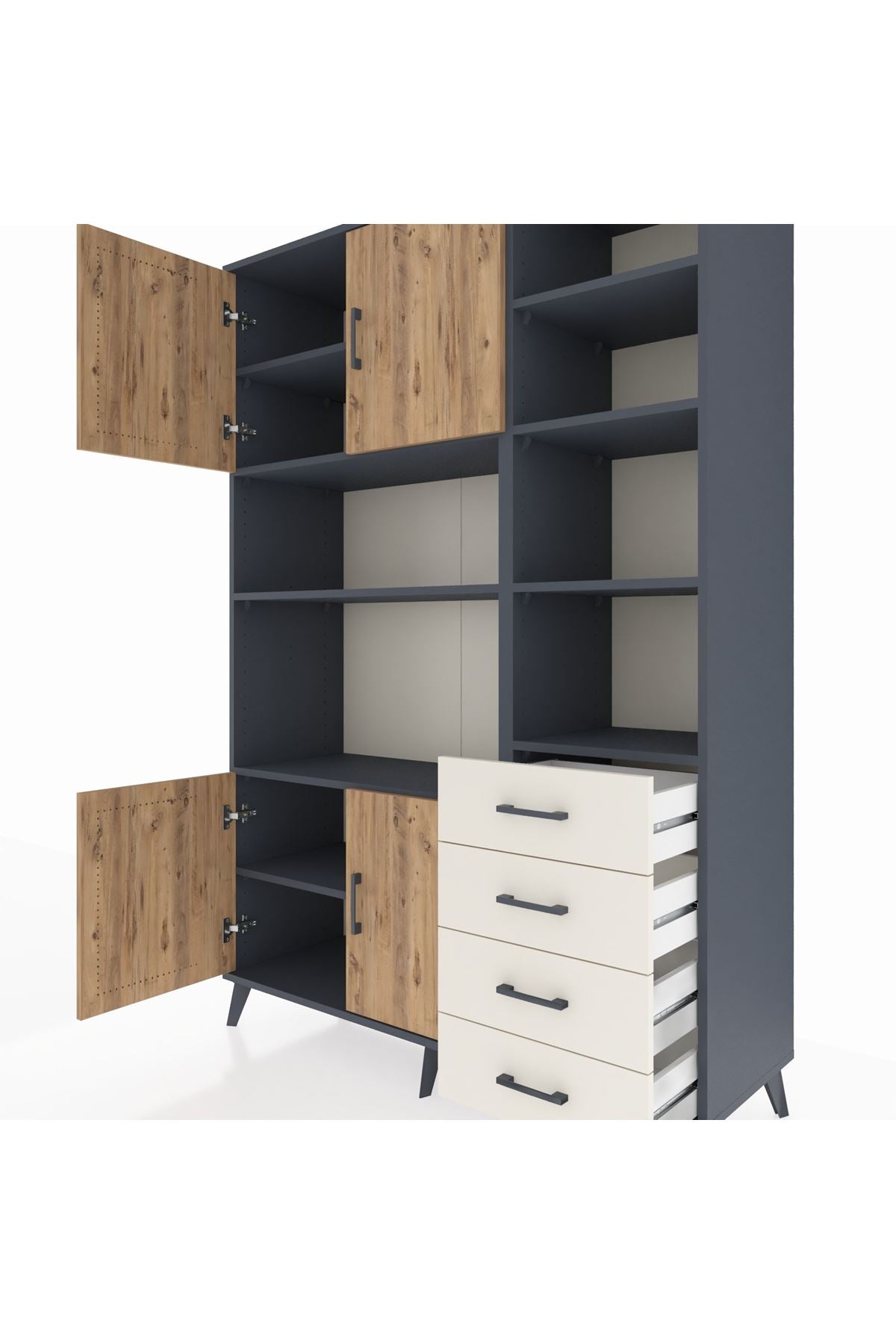 Hyperion Dolap 9 Raflı 4 Çekmeceli 4 Kapaklı 132x44x195 Antrasit-Çam/Aytaşı