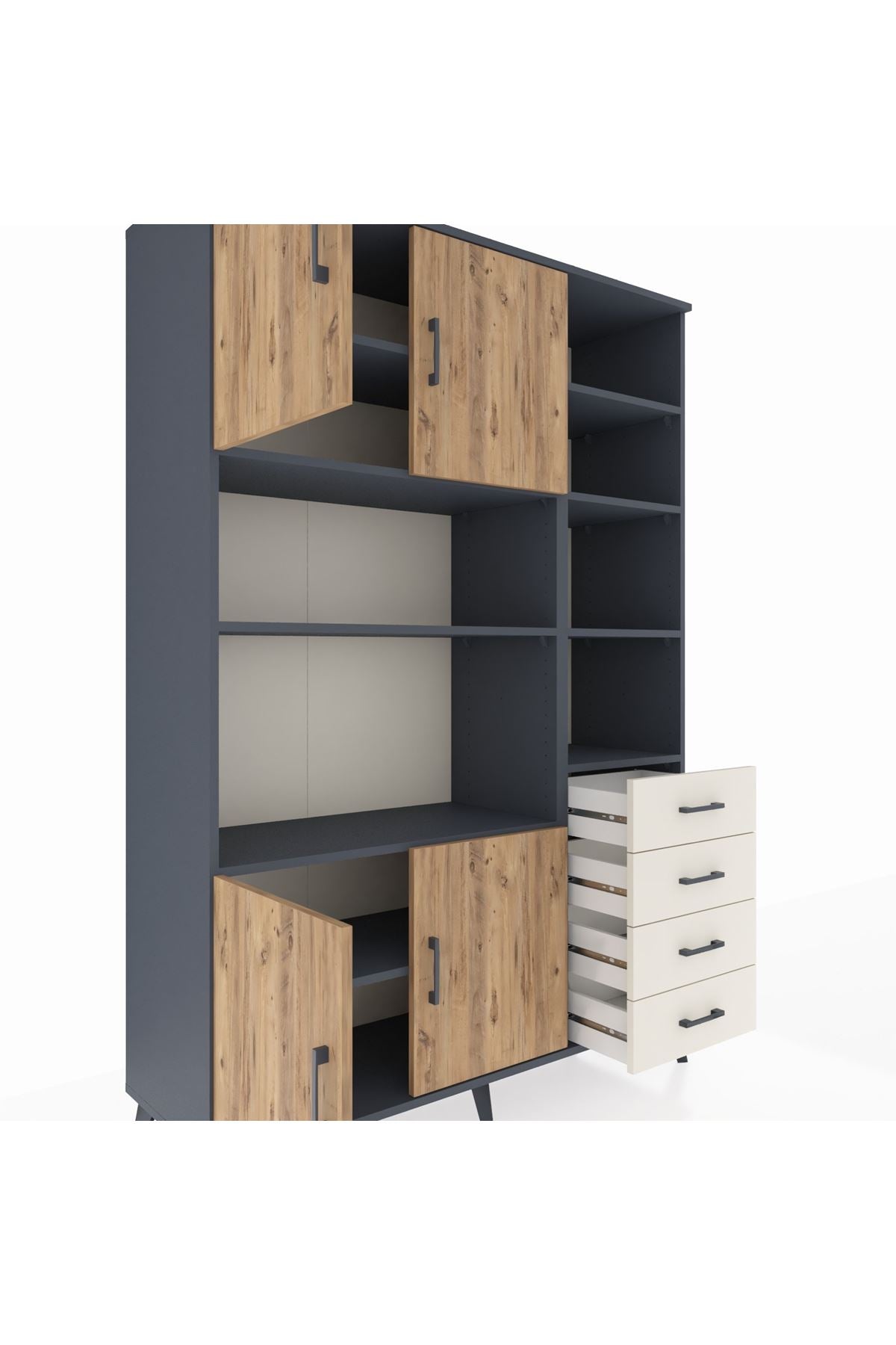 Hyperion Dolap 9 Raflı 4 Çekmeceli 4 Kapaklı 132x44x195 Antrasit-Çam/Aytaşı