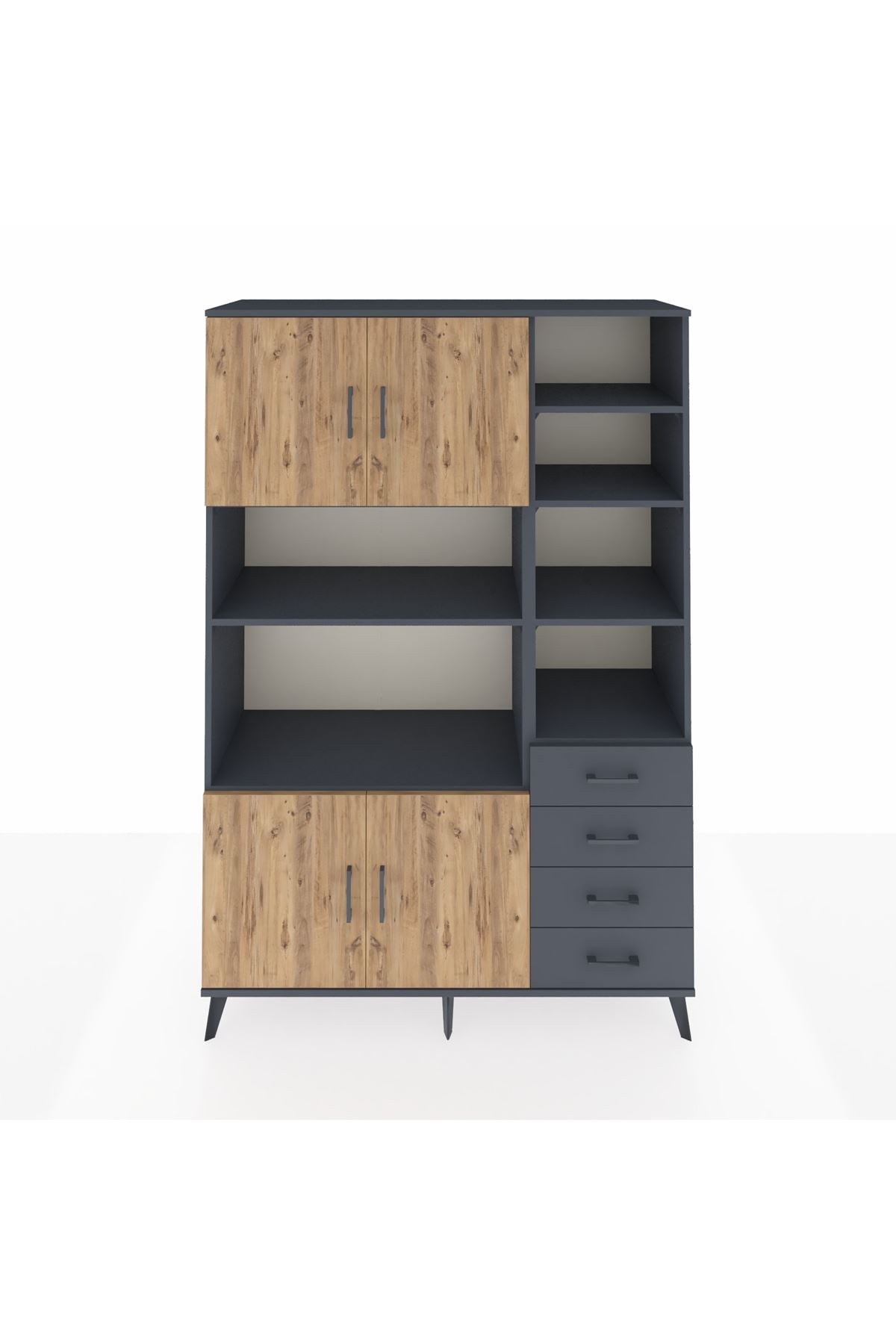 Hyperion Dolap 9 Raflı 4 Çekmeceli 4 Kapaklı 132x44x195 Antrasit-Çam/Antrasit