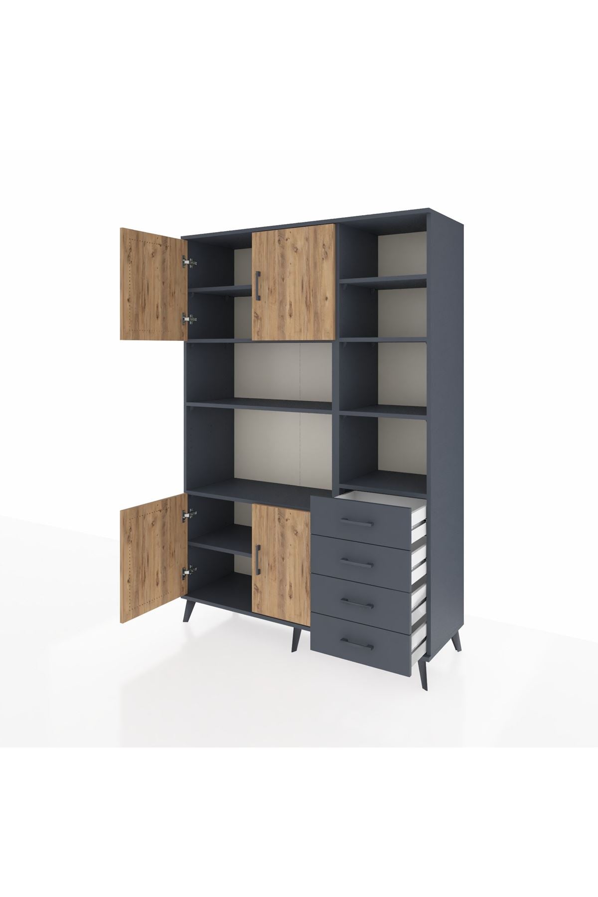 Hyperion Dolap 9 Raflı 4 Çekmeceli 4 Kapaklı 132x44x195 Antrasit-Çam/Antrasit