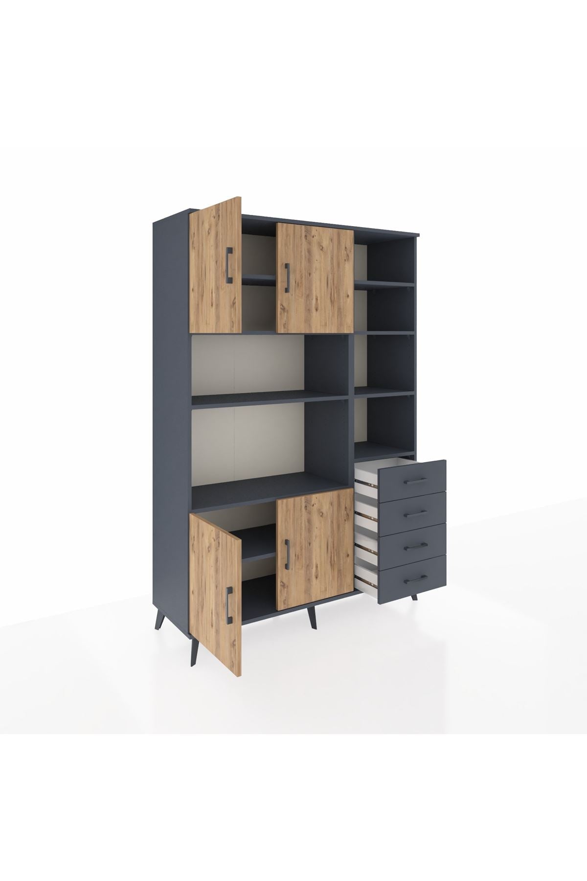 Hyperion Dolap 9 Raflı 4 Çekmeceli 4 Kapaklı 132x44x195 Antrasit-Çam/Antrasit