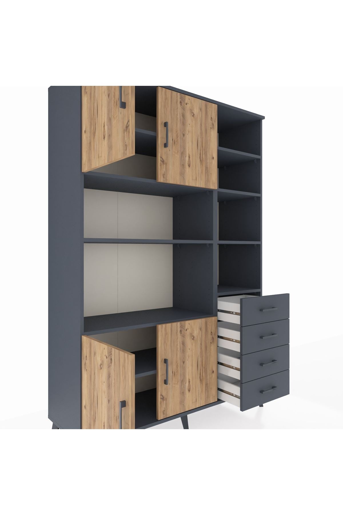 Hyperion Dolap 9 Raflı 4 Çekmeceli 4 Kapaklı 132x44x195 Antrasit-Çam/Antrasit