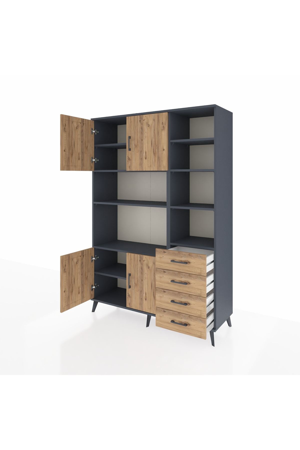 Hyperion Dolap 9 Raflı 4 Çekmeceli 4 Kapaklı 132x44x195 Antrasit-Çam/Çam