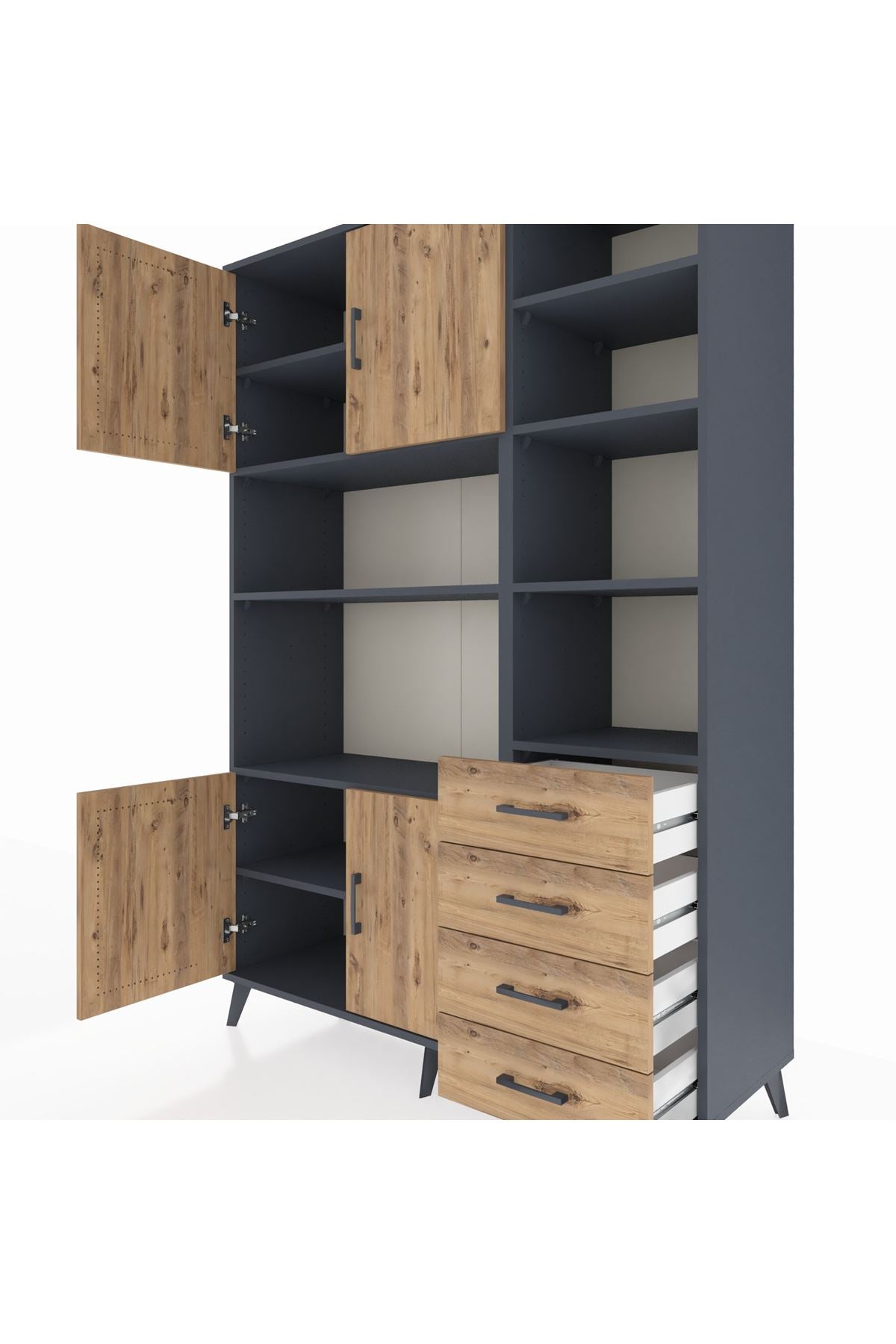 Hyperion Dolap 9 Raflı 4 Çekmeceli 4 Kapaklı 132x44x195 Antrasit-Çam/Çam