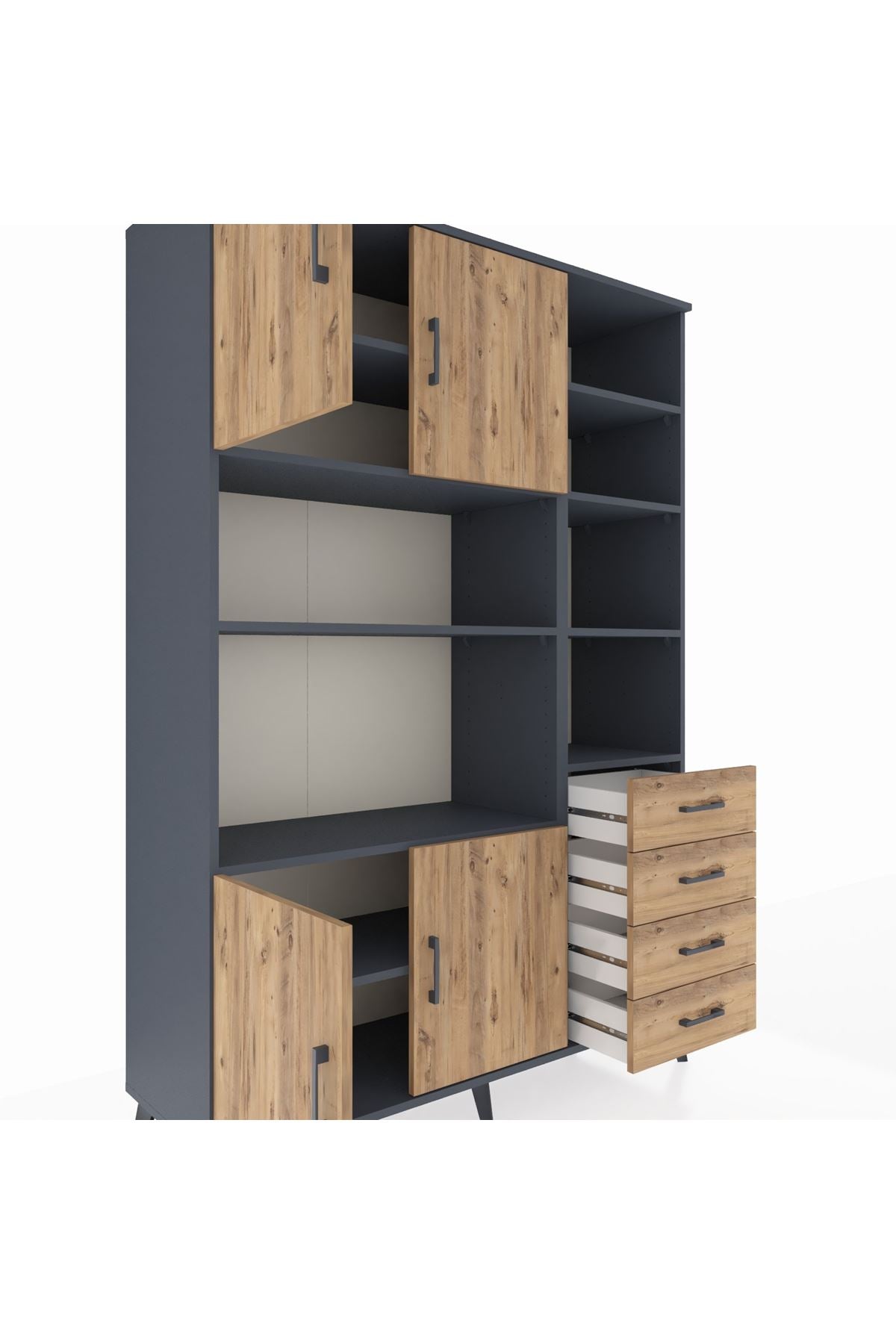 Hyperion Dolap 9 Raflı 4 Çekmeceli 4 Kapaklı 132x44x195 Antrasit-Çam/Çam