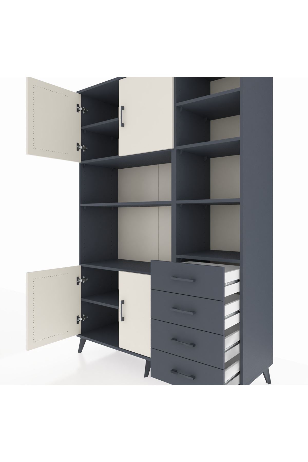 Hyperion Dolap 9 Raflı 4 Çekmeceli 4 Kapaklı 132x44x195 Antrasit-Aytaşı/Antrasit