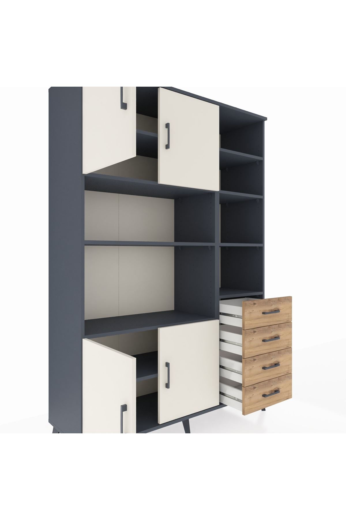 Hyperion Dolap 9 Raflı 4 Çekmeceli 4 Kapaklı 132x44x195 Antrasit-Aytaşı/Çam