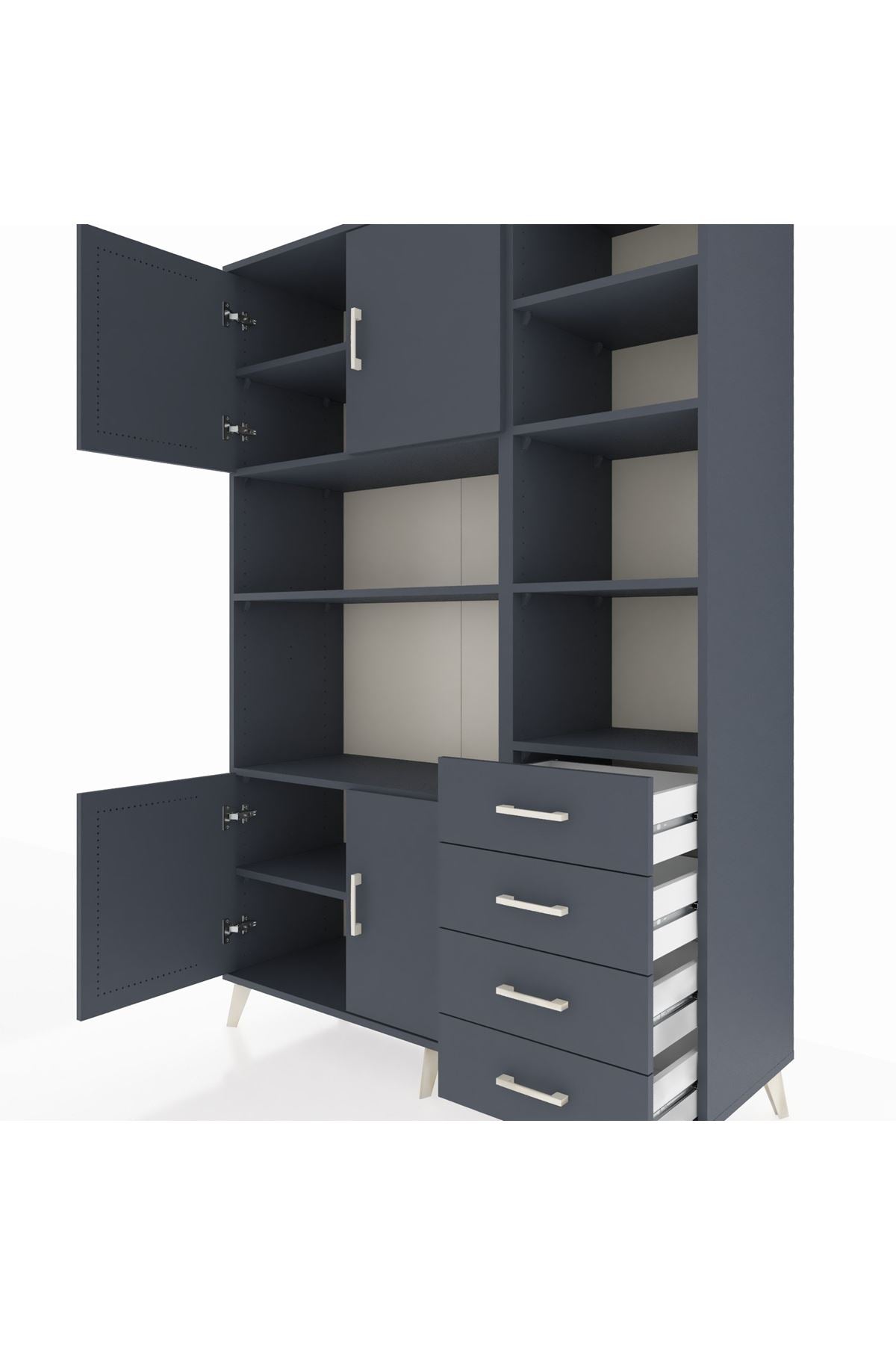 Hyperion Dolap 9 Raflı 4 Çekmeceli 4 Kapaklı 132x44x195 Antrasit-Antrasit/Antrasit