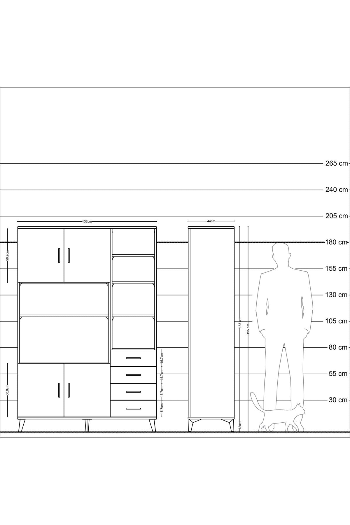 Hyperion Dolap 9 Raflı 4 Çekmeceli 4 Kapaklı 132x44x195 Antrasit-Antrasit/Antrasit