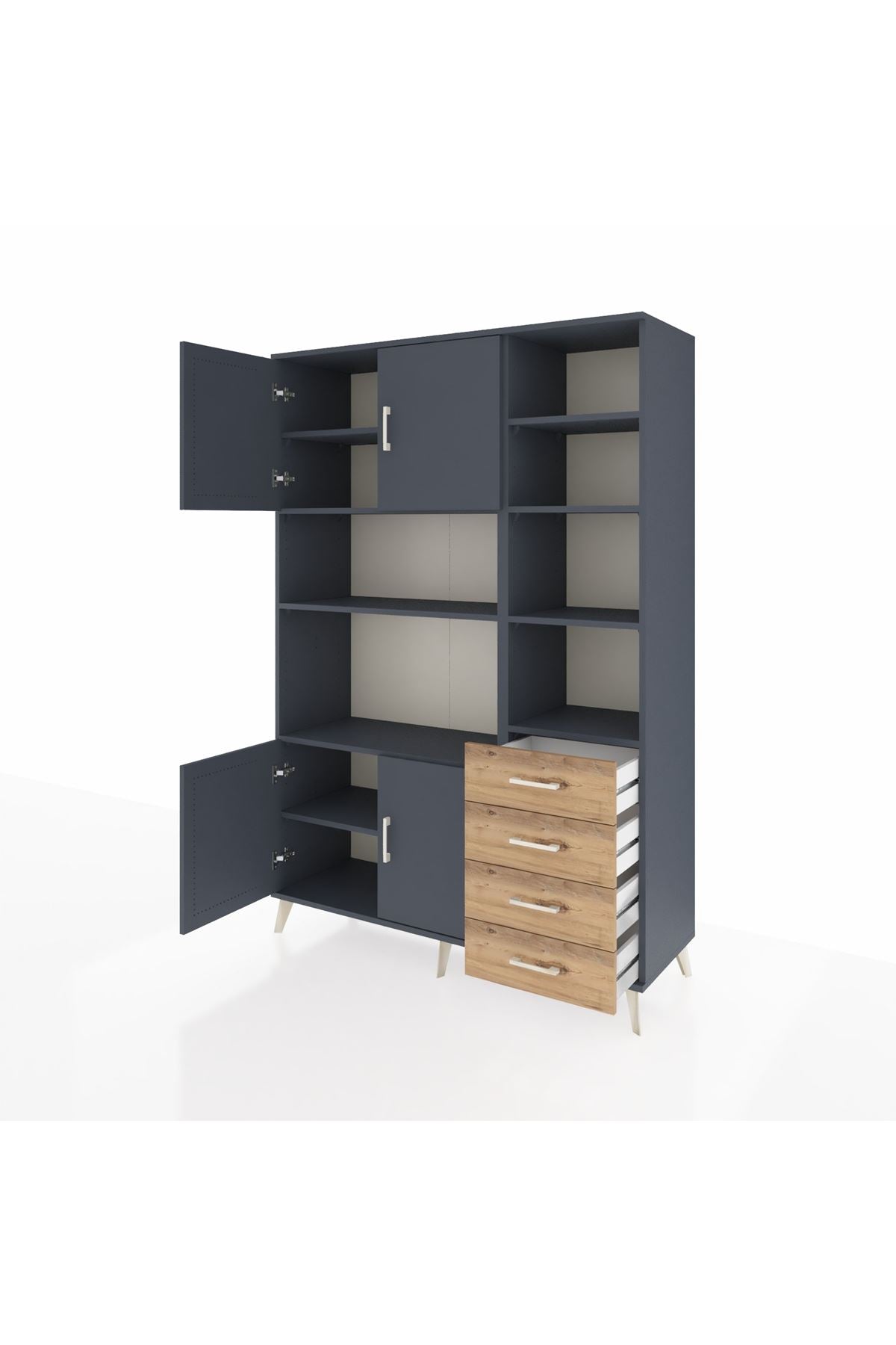 Hyperion Dolap 9 Raflı 4 Çekmeceli 4 Kapaklı 132x44x195 Antrasit-Antrasit/Çam