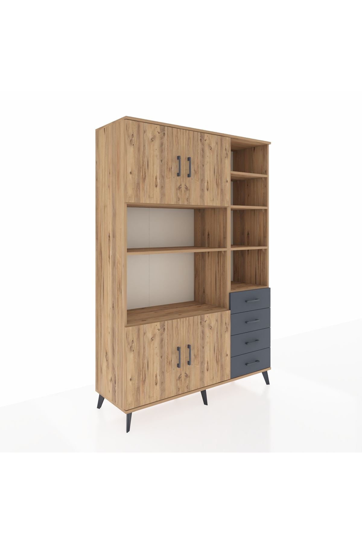 Hyperion Dolap 9 Raflı 4 Çekmeceli 4 Kapaklı 132x44x195 Çam-Çam/Antrasit