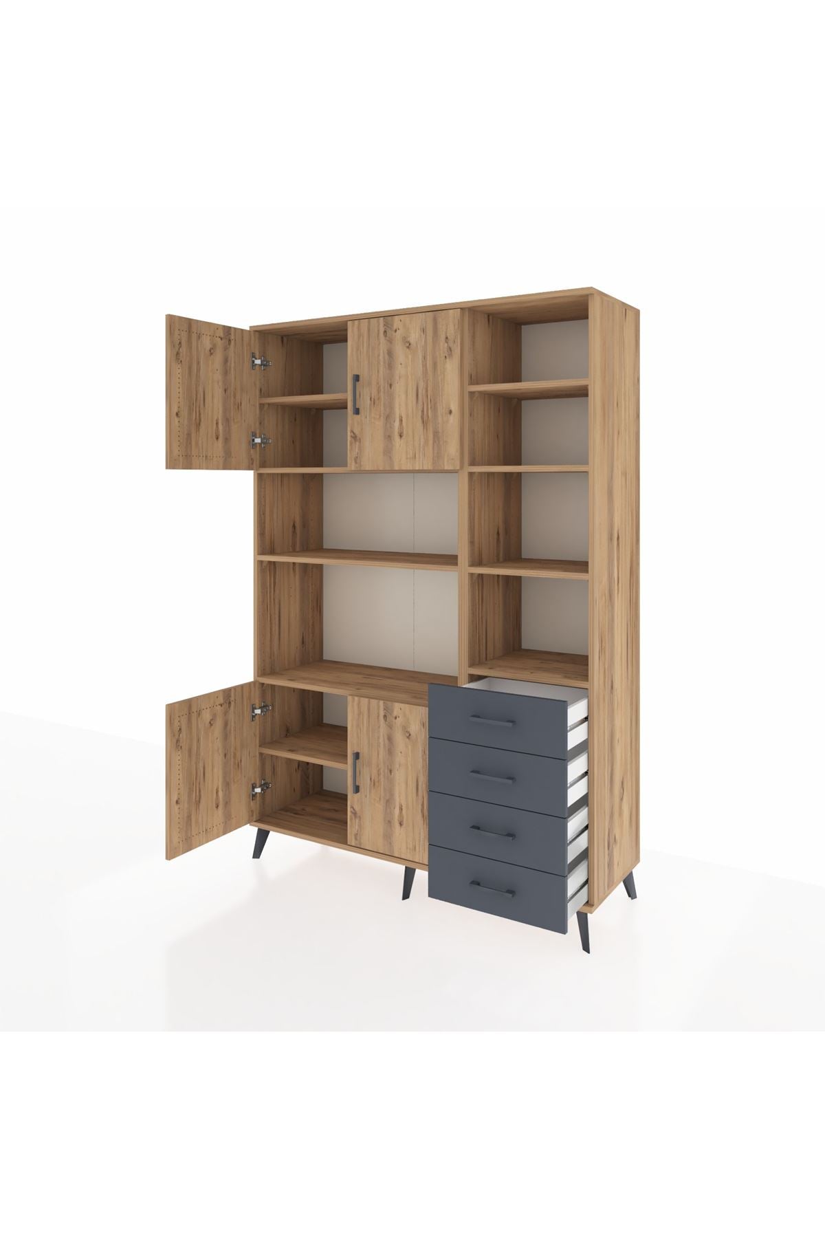Hyperion Dolap 9 Raflı 4 Çekmeceli 4 Kapaklı 132x44x195 Çam-Çam/Antrasit