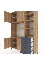 Hyperion Dolap 9 Raflı 4 Çekmeceli 4 Kapaklı 132x44x195 Çam-Çam/Antrasit