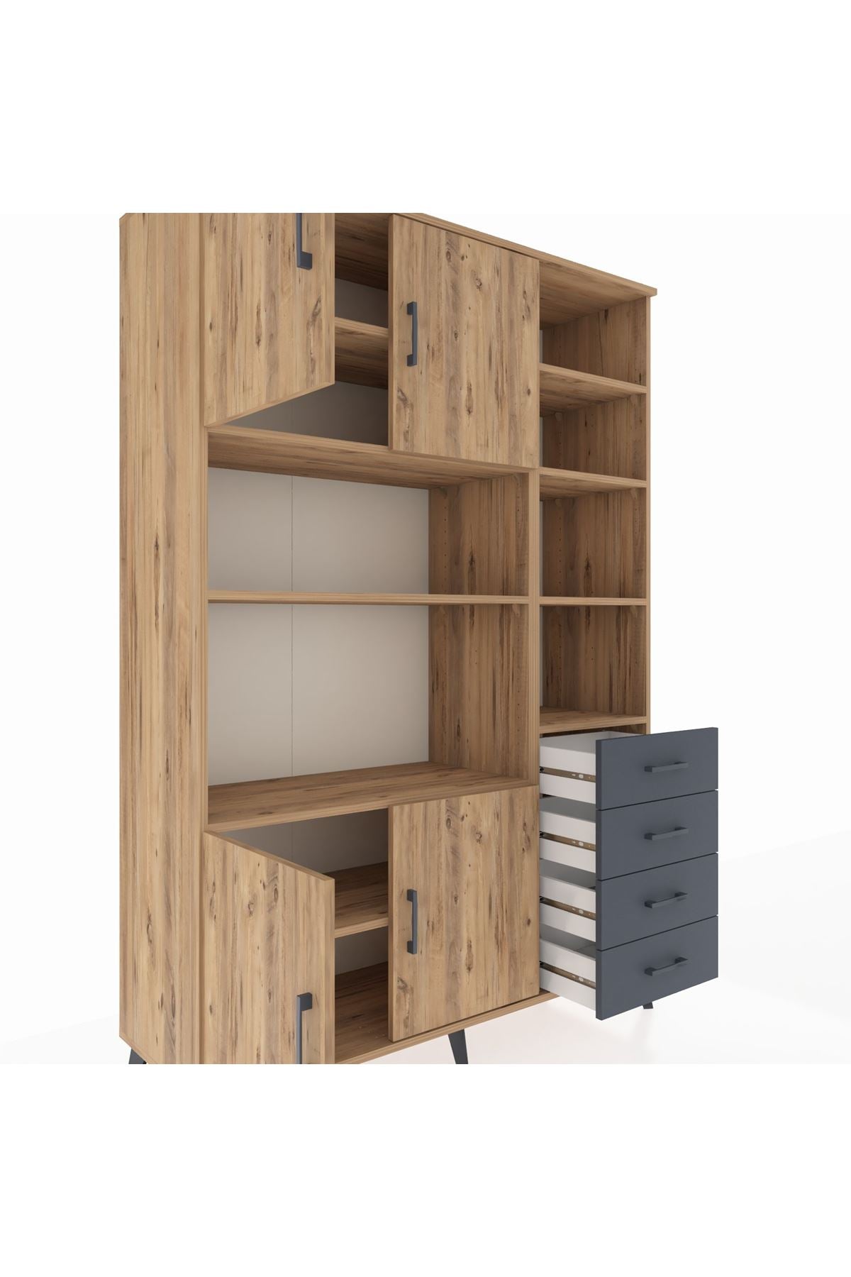 Hyperion Dolap 9 Raflı 4 Çekmeceli 4 Kapaklı 132x44x195 Çam-Çam/Antrasit