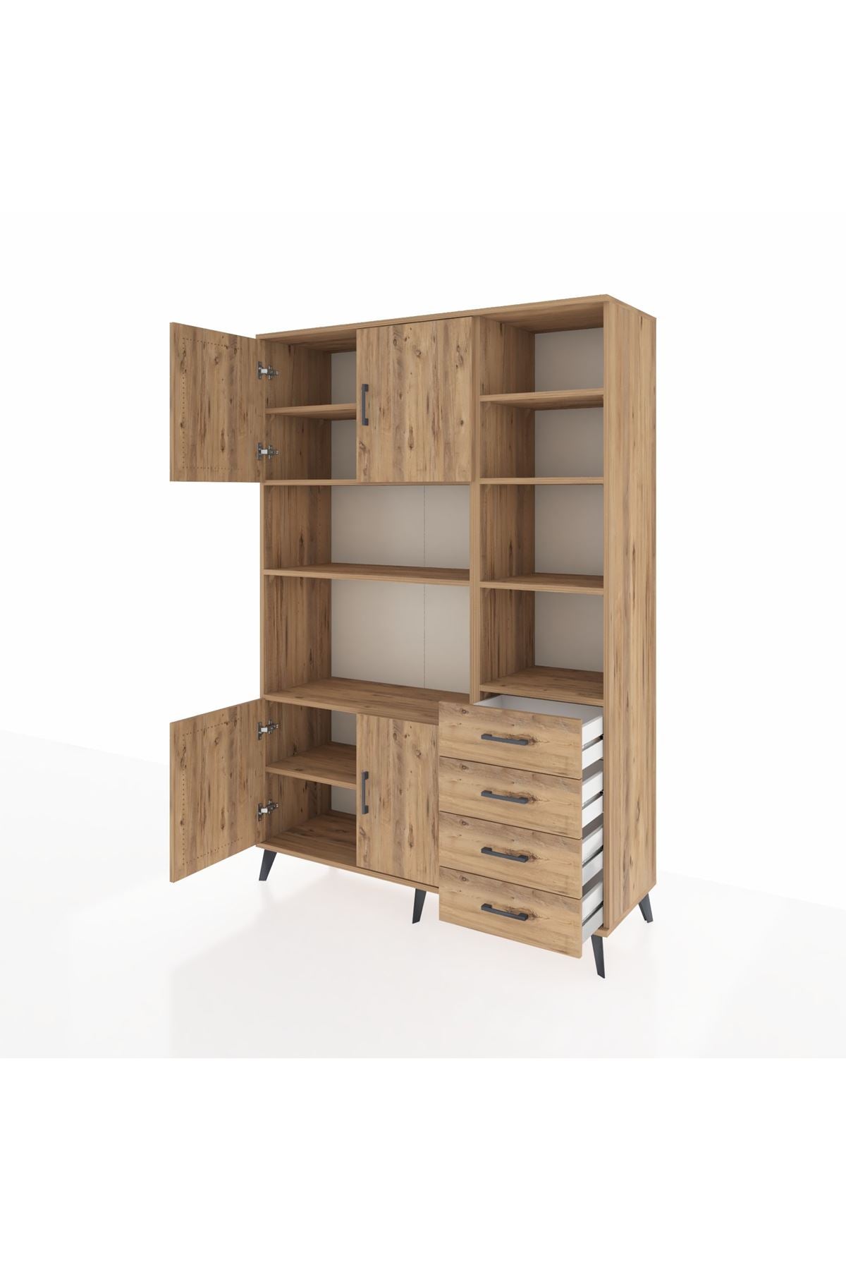 Hyperion Dolap 9 Raflı 4 Çekmeceli 4 Kapaklı 132x44x195 Çam-Çam/Çam