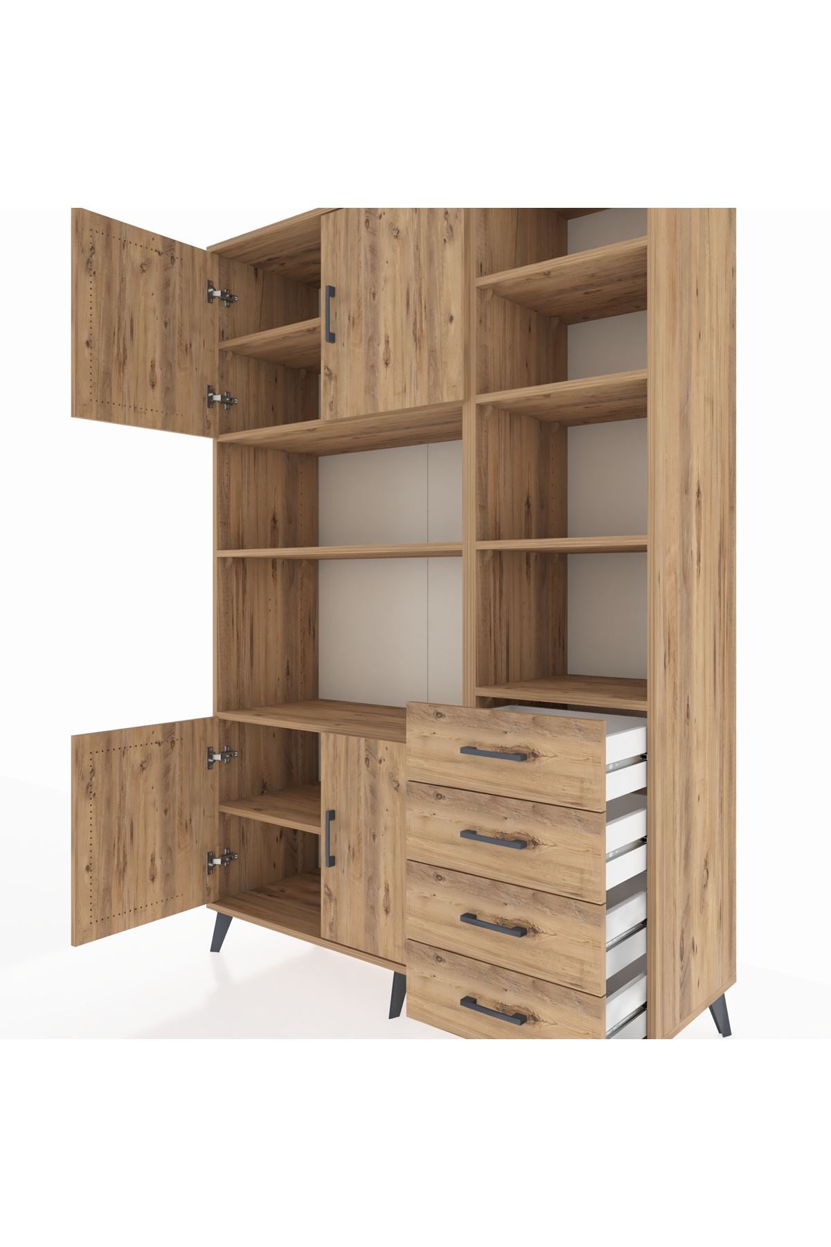 Hyperion Dolap 9 Raflı 4 Çekmeceli 4 Kapaklı 132x44x195 Çam-Çam/Çam