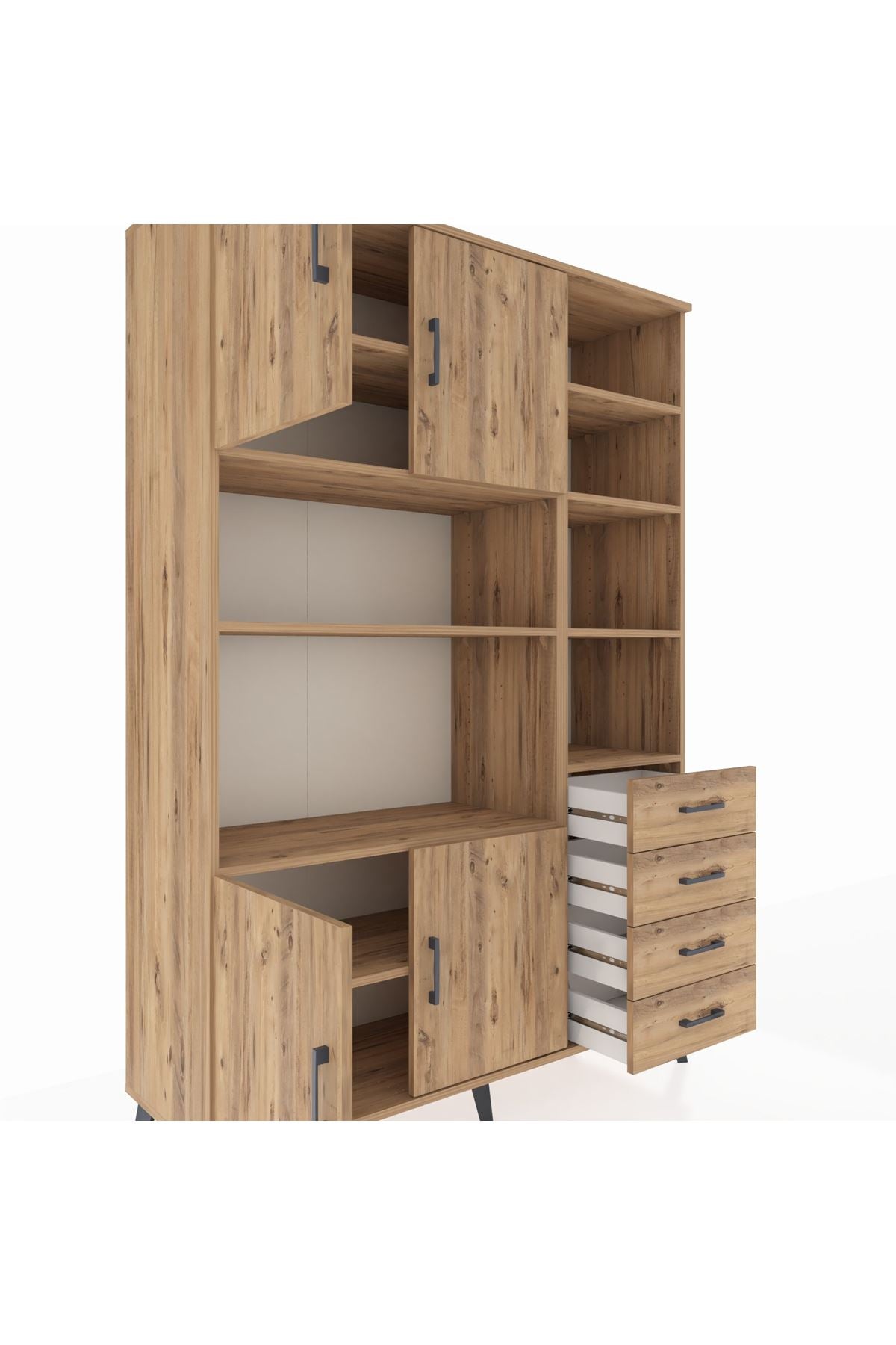 Hyperion Dolap 9 Raflı 4 Çekmeceli 4 Kapaklı 132x44x195 Çam-Çam/Çam