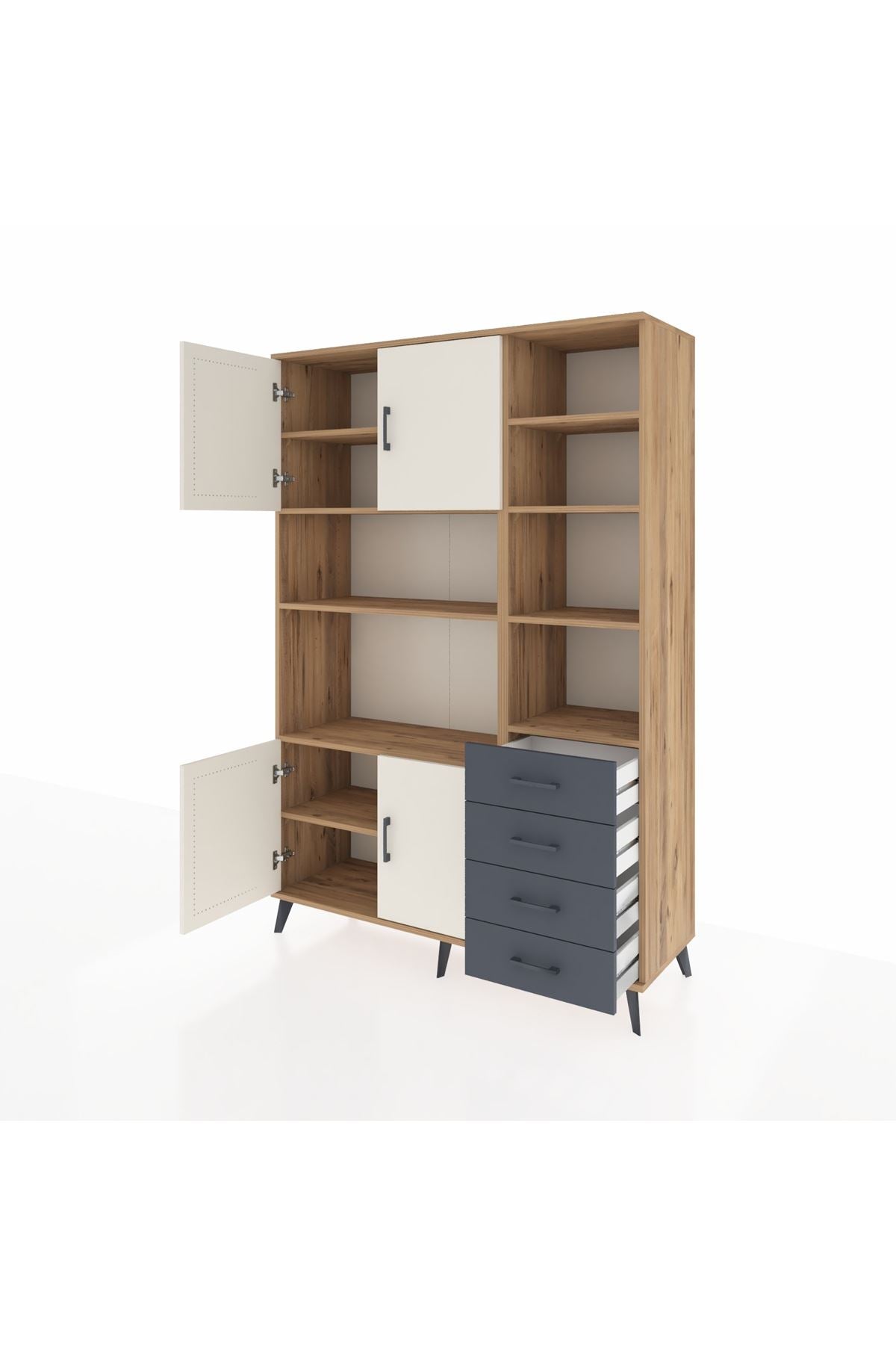 Hyperion Dolap 9 Raflı 4 Çekmeceli 4 Kapaklı 132x44x195 Çam-Aytaşı/Antrasit