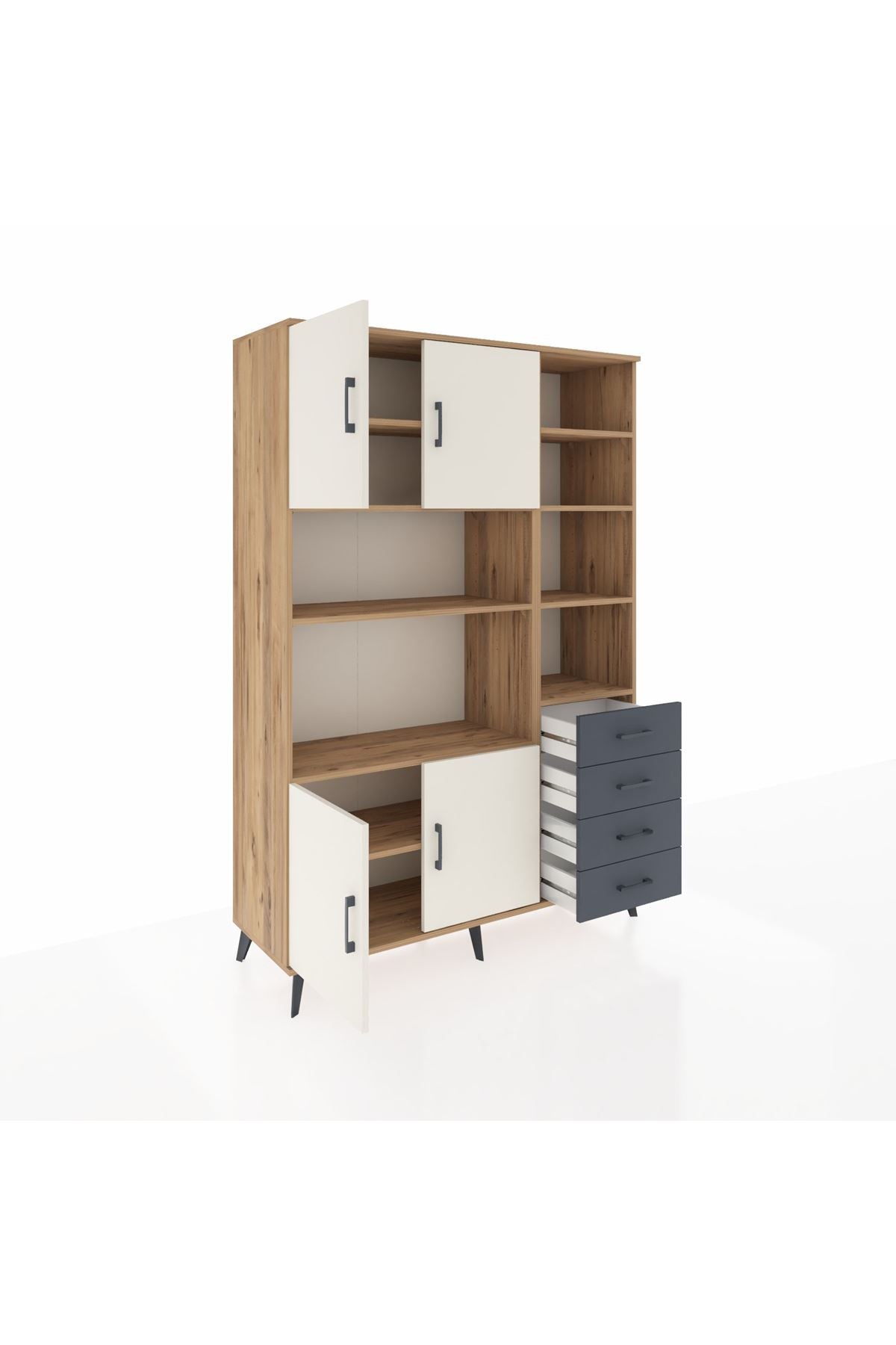 Hyperion Dolap 9 Raflı 4 Çekmeceli 4 Kapaklı 132x44x195 Çam-Aytaşı/Antrasit
